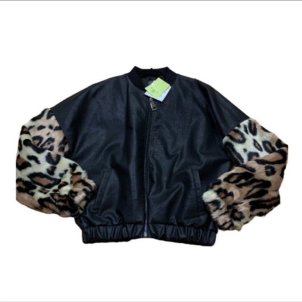 HEURUEH Jacket NEW WITH TAGS leopard faux fur & vegan leather bomber jacket